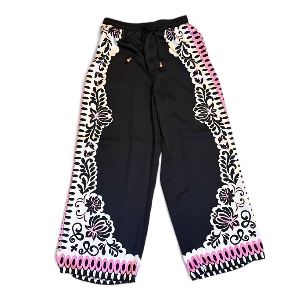 Black and Pink Floral Wide-Leg Pants